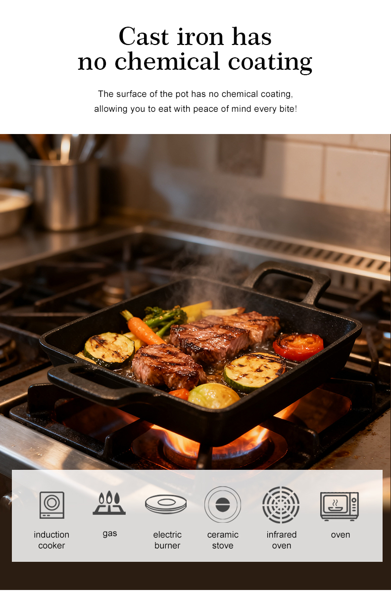 Cast iron mini frying pan with double ears, suitable for both indoor and outdoor use.