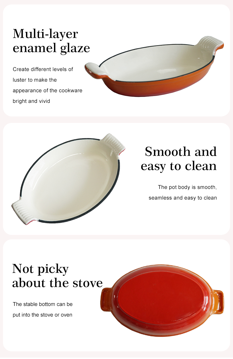 Enamel baking tray, suitable for ovens, a deep and long fish-shaped tray with a handle