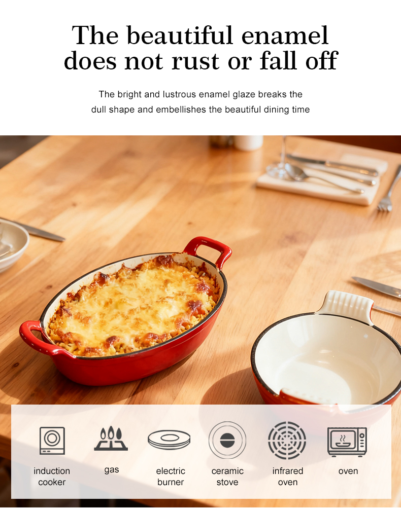 Enamel baking tray, suitable for ovens, a deep and long fish-shaped tray with a handle