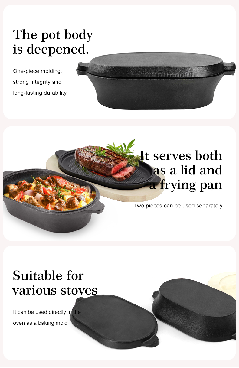 Cast iron bread baking tray set with lid 2-in-1 cast iron Dutch oven pot bread cooking pot with double handles and wooden board