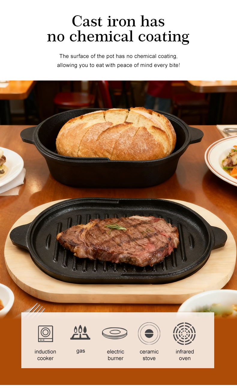 Cast iron bread baking tray set with lid 2-in-1 cast iron Dutch oven pot bread cooking pot with double handles and wooden board