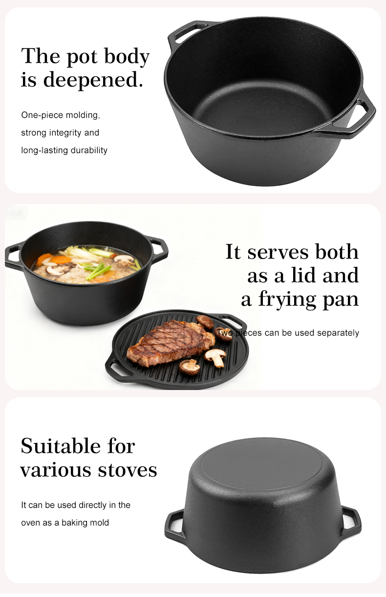 2-in-1 cast iron Dutch baking pan with frying pan lid, cookware pot set with double handles, suitable for bread, frying, baking and camping