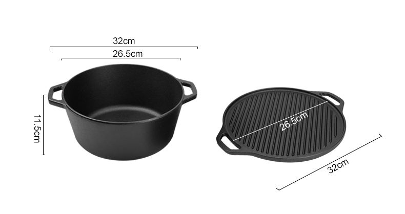 2-in-1 cast iron Dutch baking pan with frying pan lid, cookware pot set with double handles, suitable for bread, frying, baking and camping