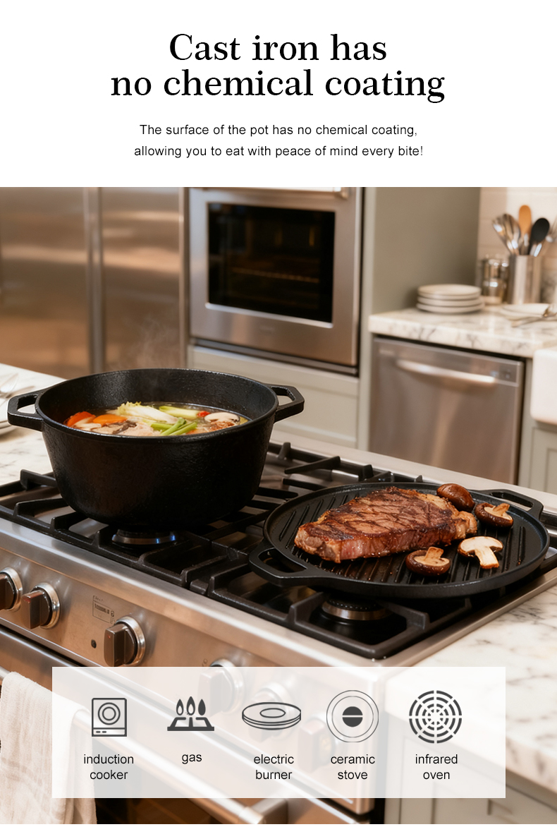 2-in-1 cast iron Dutch baking pan with frying pan lid, cookware pot set with double handles, suitable for bread, frying, baking and camping