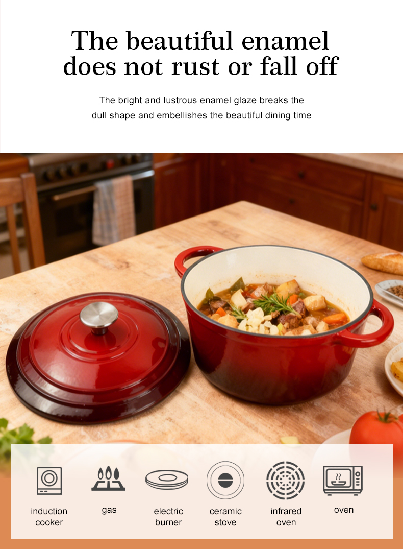 Enamel cast iron Dutch baking pan with lid for oven use, suitable for bread baking, stewing, stewing and baking - red