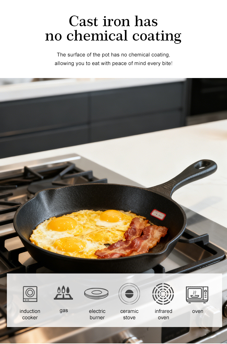 Flat-bottomed cast iron frying pan - suitable for grilling, frying and stir-frying