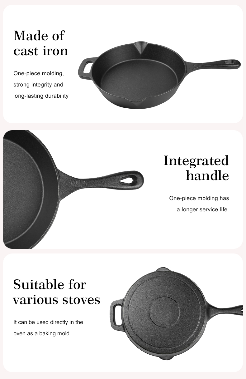 Cast iron frying pan with auxiliary handle and backflow port, suitable for frying, deep-frying and baking pies and fruit pies