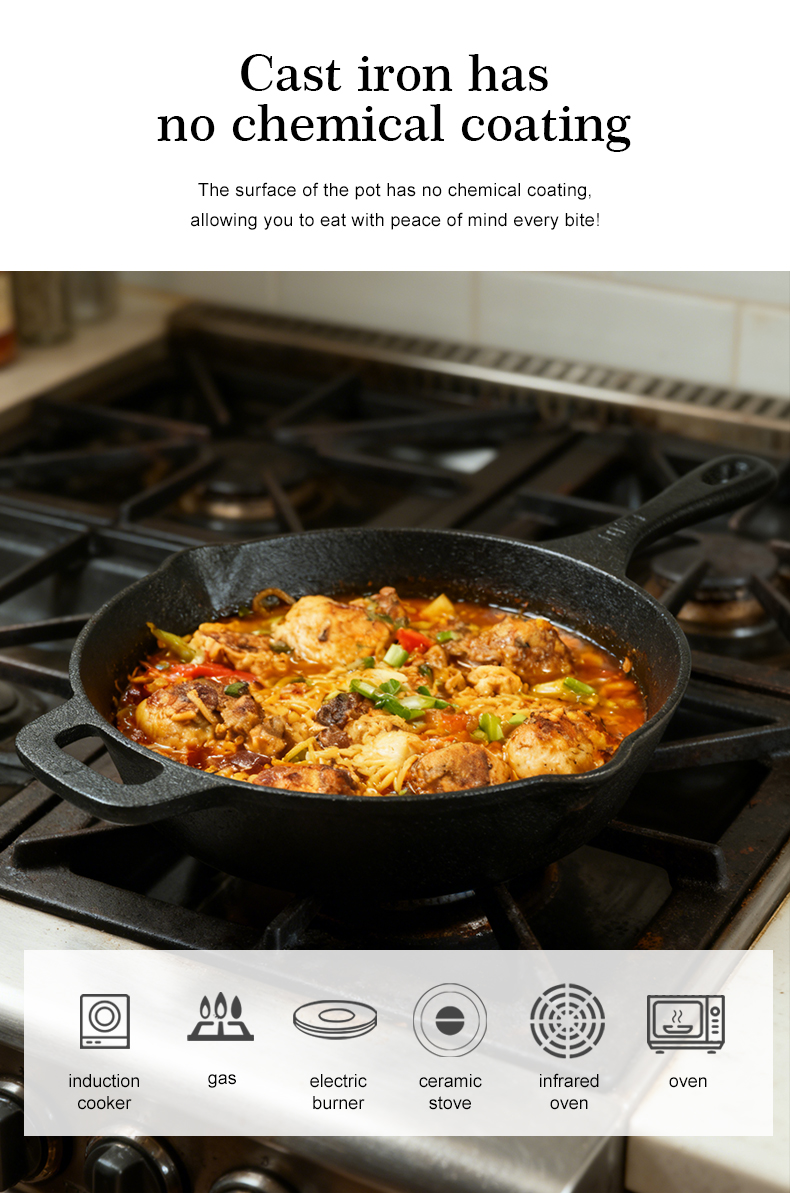 Cast iron frying pan with auxiliary handle and backflow port, suitable for frying, deep-frying and baking pies and fruit pies