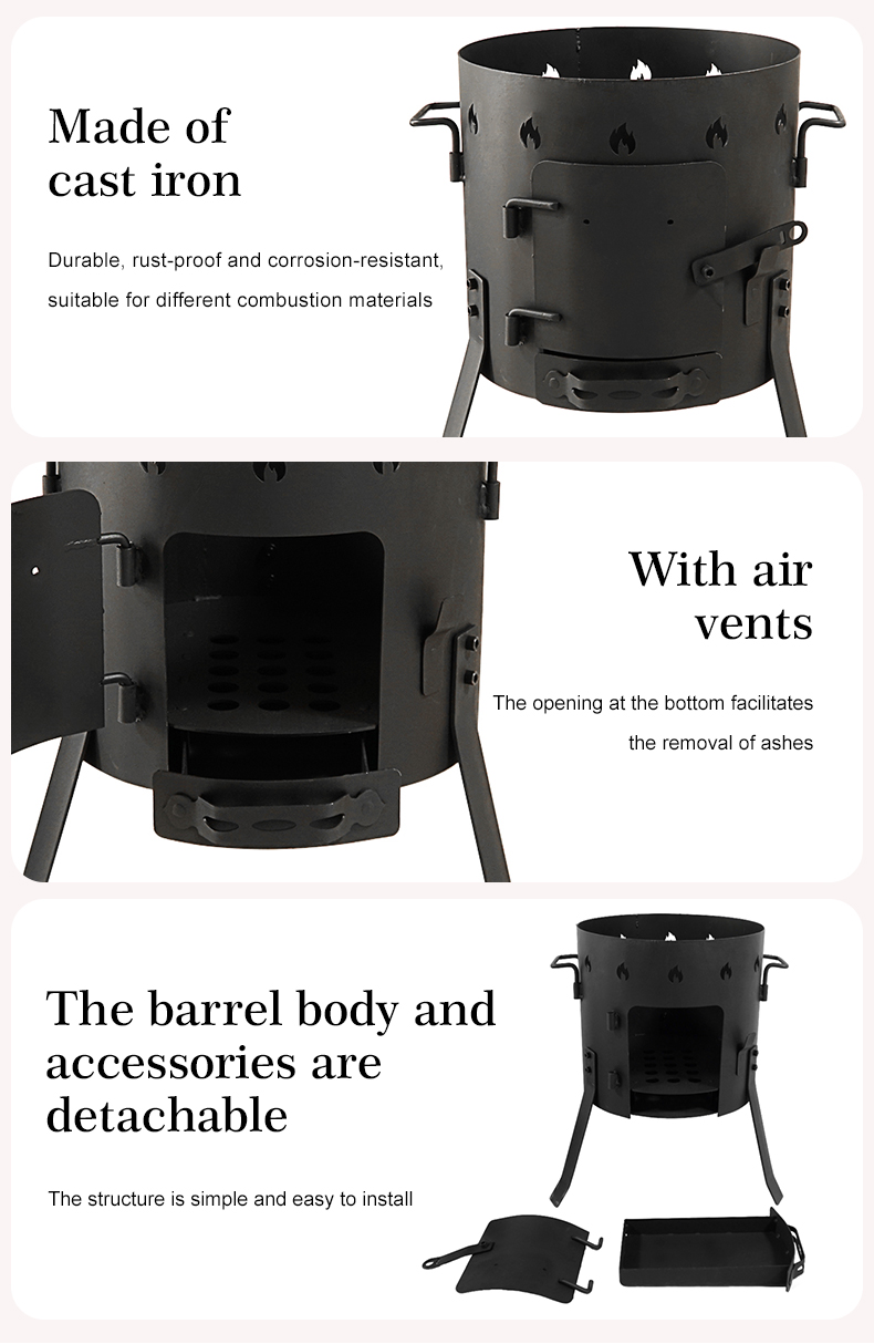 Cast iron camping wood-burning stove, black in color, suitable for outdoor cooking