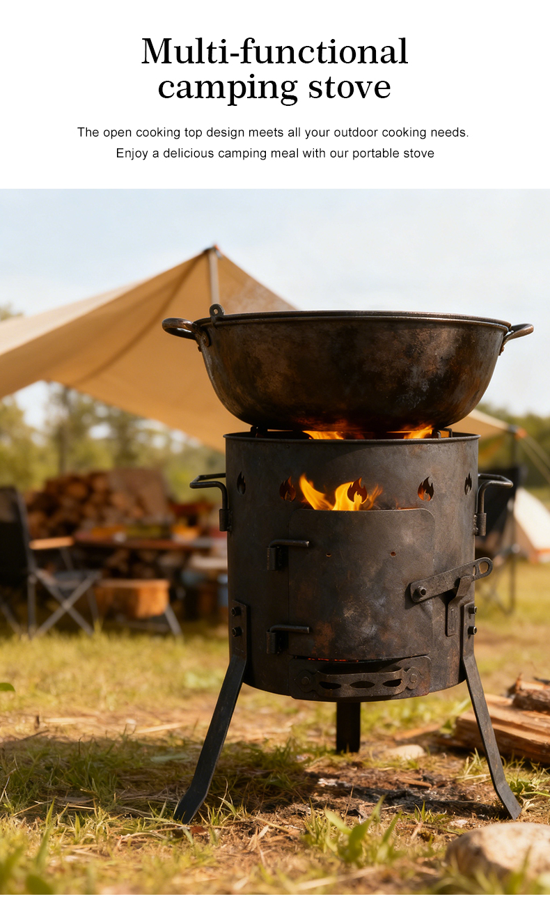 Cast iron camping wood-burning stove, black in color, suitable for outdoor cooking