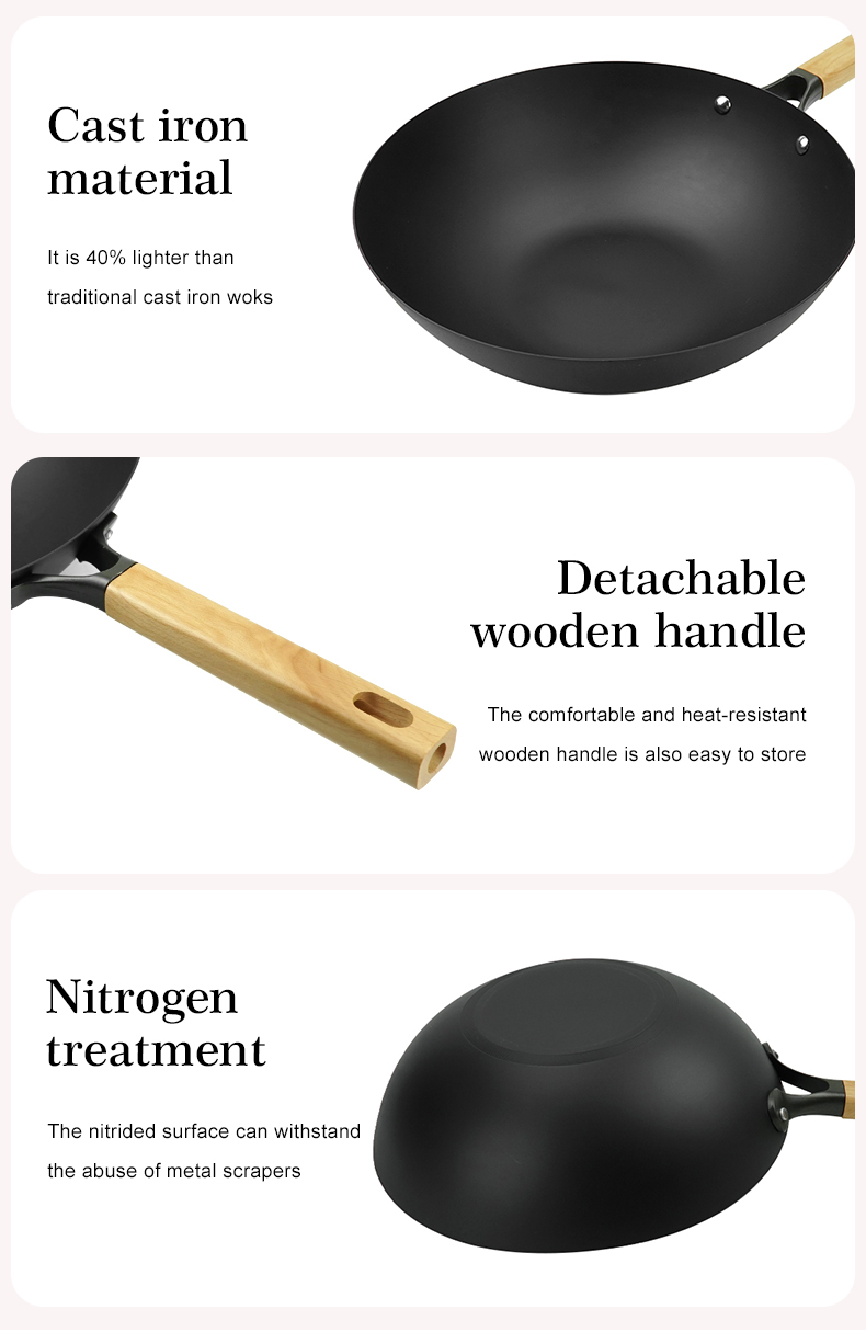 Classic nitrided cast iron deep frying pan, comfortable wooden handle