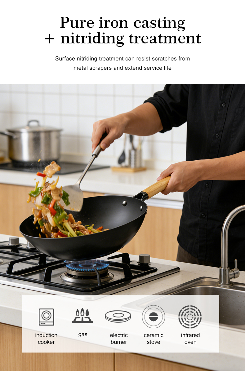 Classic nitrided cast iron deep frying pan, comfortable wooden handle