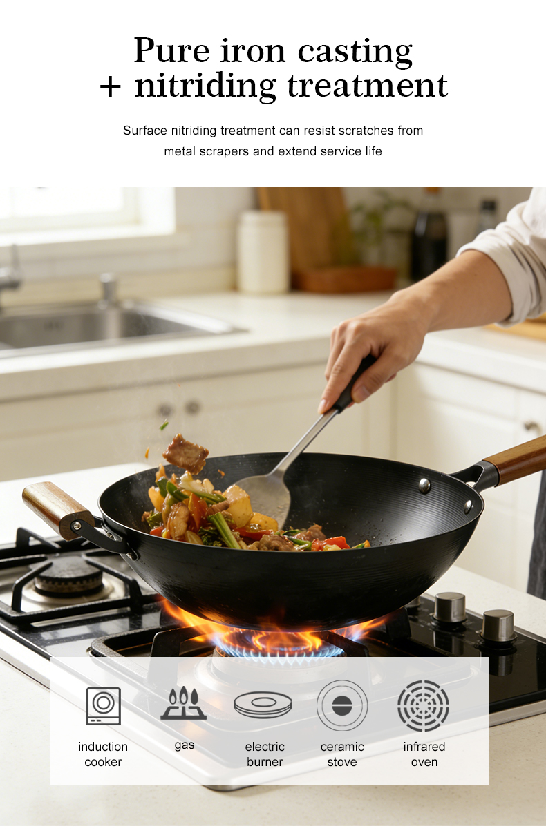 Nitrided cast iron wok with auxiliary handle