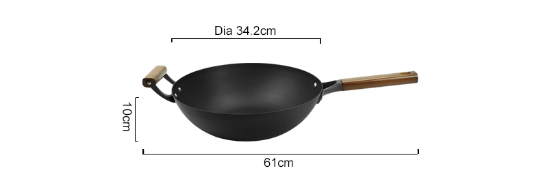 Nitrided cast iron wok with auxiliary handle