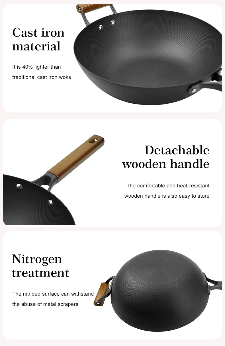 Nitrided cast iron wok with auxiliary handle