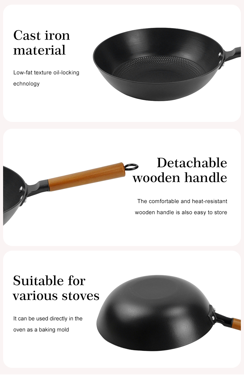 A low-fat, non-stick cast iron wooden-handled wok