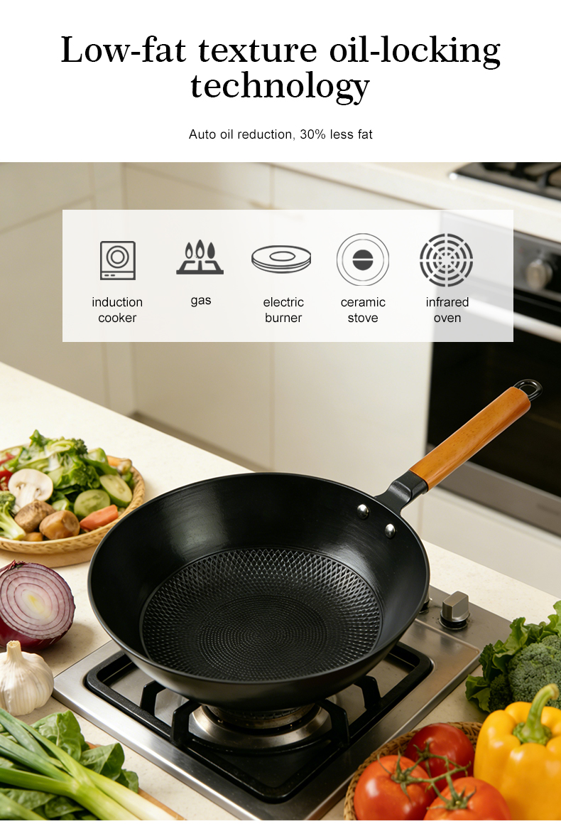 A low-fat, non-stick cast iron wooden-handled wok