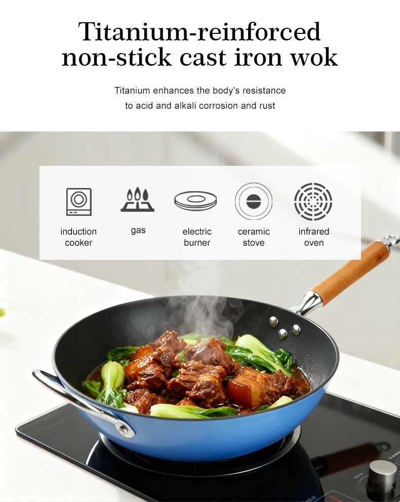 Titanium-reinforced non-stick cast iron enamel wok with wooden handle - blue