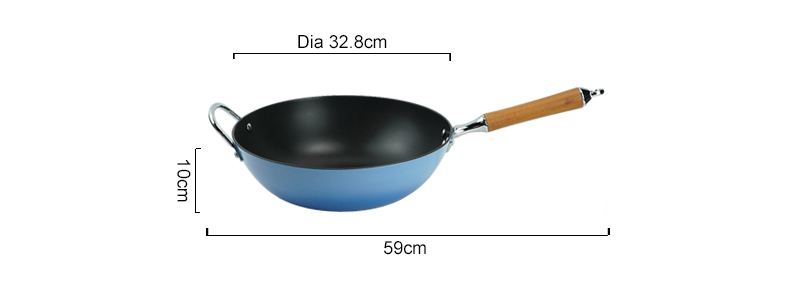 Titanium-reinforced non-stick cast iron enamel wok with wooden handle - blue