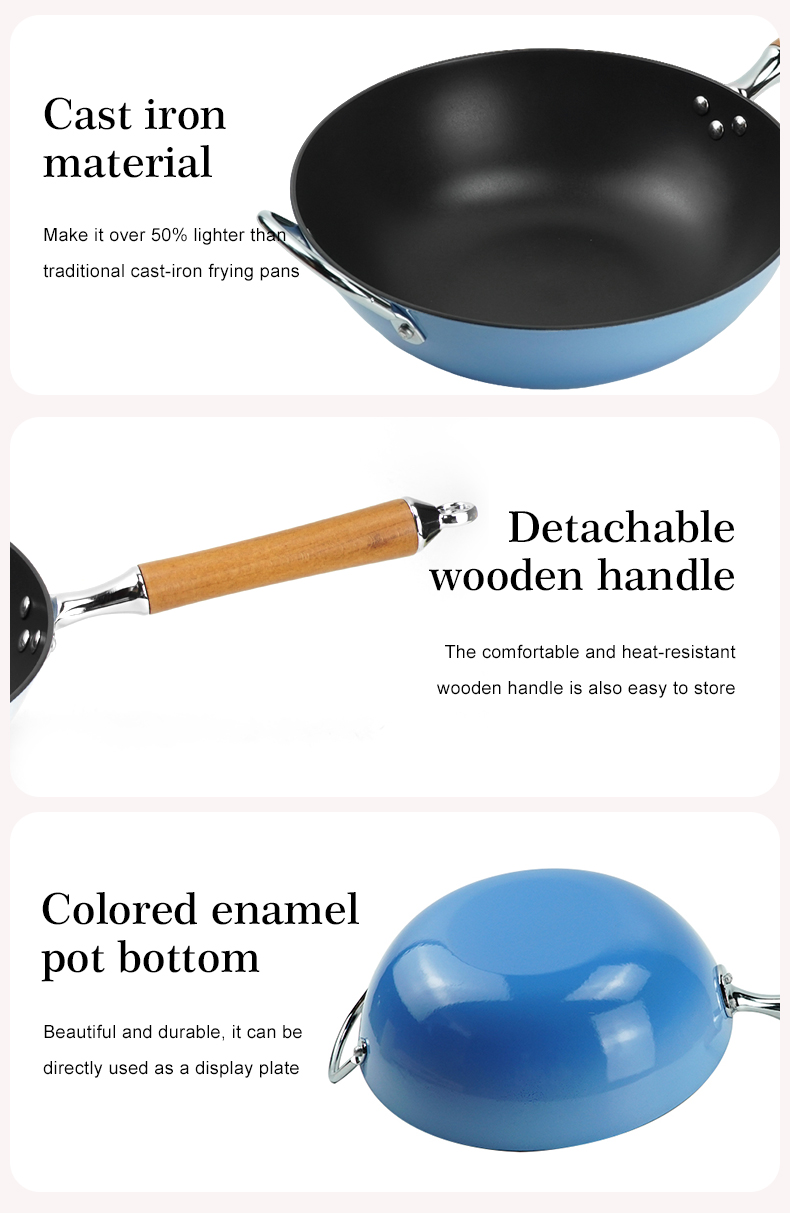 Titanium-reinforced non-stick cast iron enamel wok with wooden handle - blue