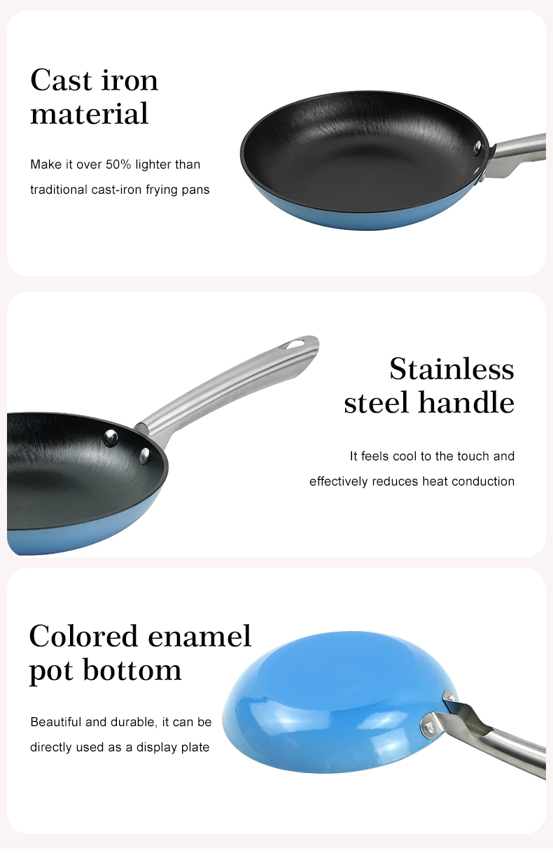 Colored enamel cast iron frying pan with stainless steel handle - blue