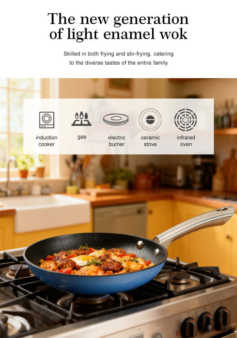 Colored enamel cast iron frying pan with stainless steel handle - blue