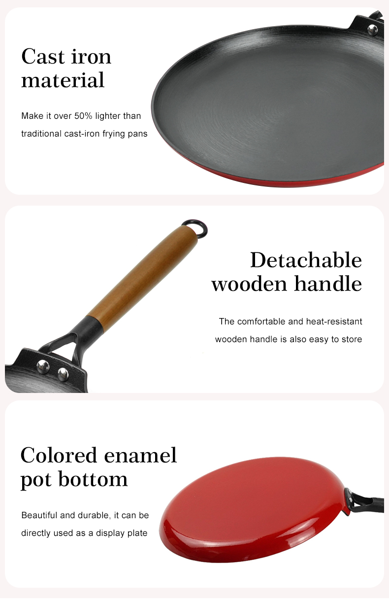 Lightweight enamel cast iron frying pan - with durable wooden handle - red