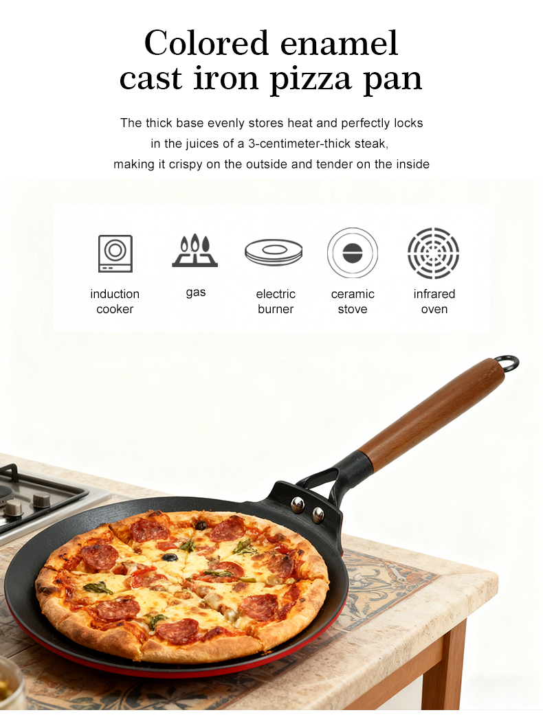 Lightweight enamel cast iron frying pan - with durable wooden handle - red