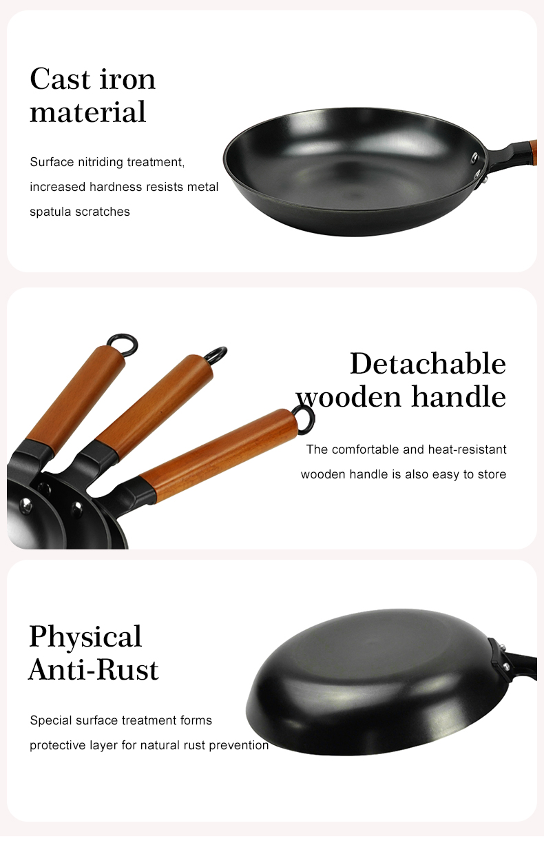 Nitrided cast iron frying pan, square wooden-handled frying pan