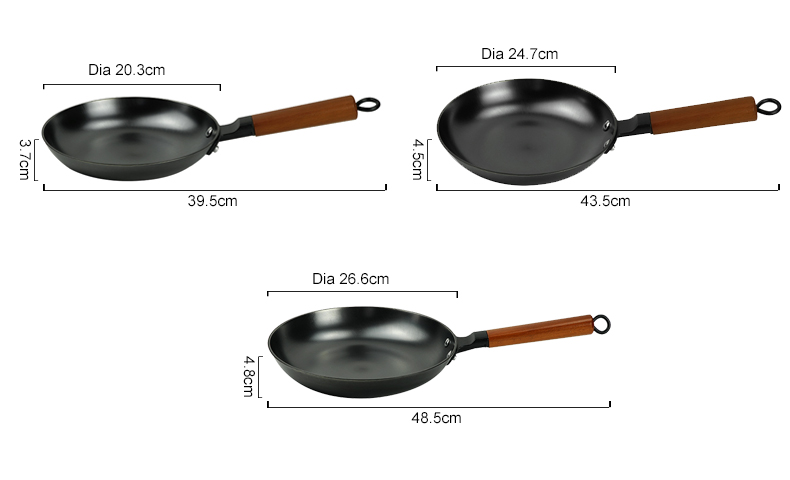 Nitrided cast iron frying pan, square wooden-handled frying pan