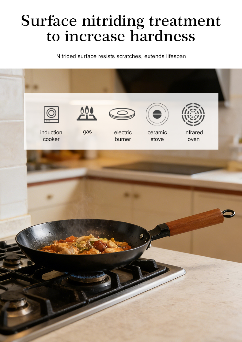 Nitrided cast iron frying pan, square wooden-handled frying pan