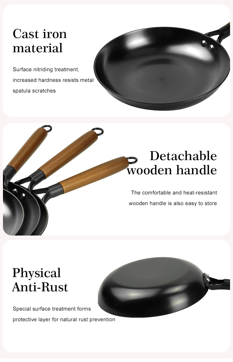 Nitrided cast iron frying pan, wooden-handled frying plate