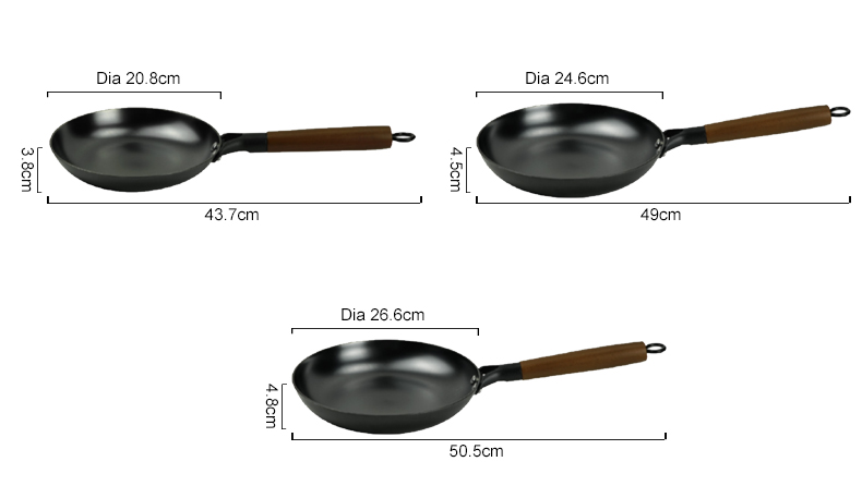 Nitrided cast iron frying pan, wooden-handled frying plate
