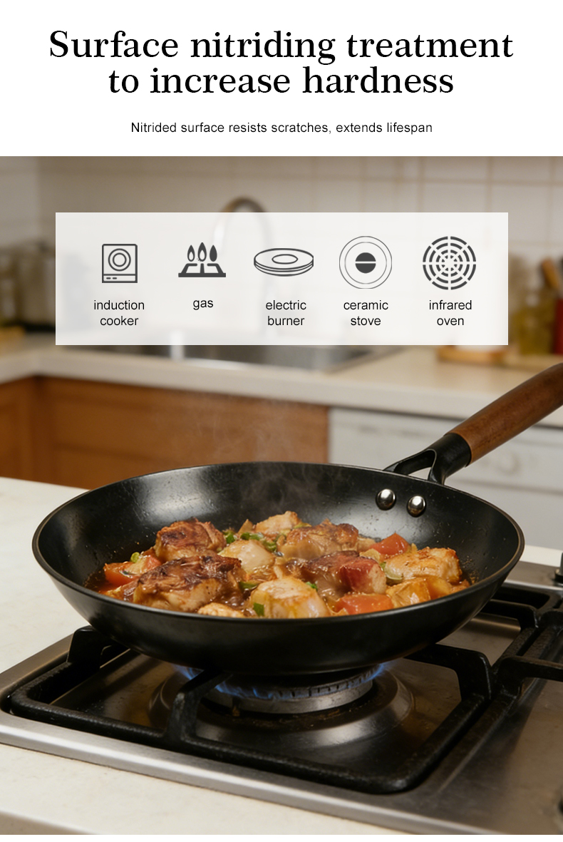 Nitrided cast iron frying pan, wooden-handled frying plate