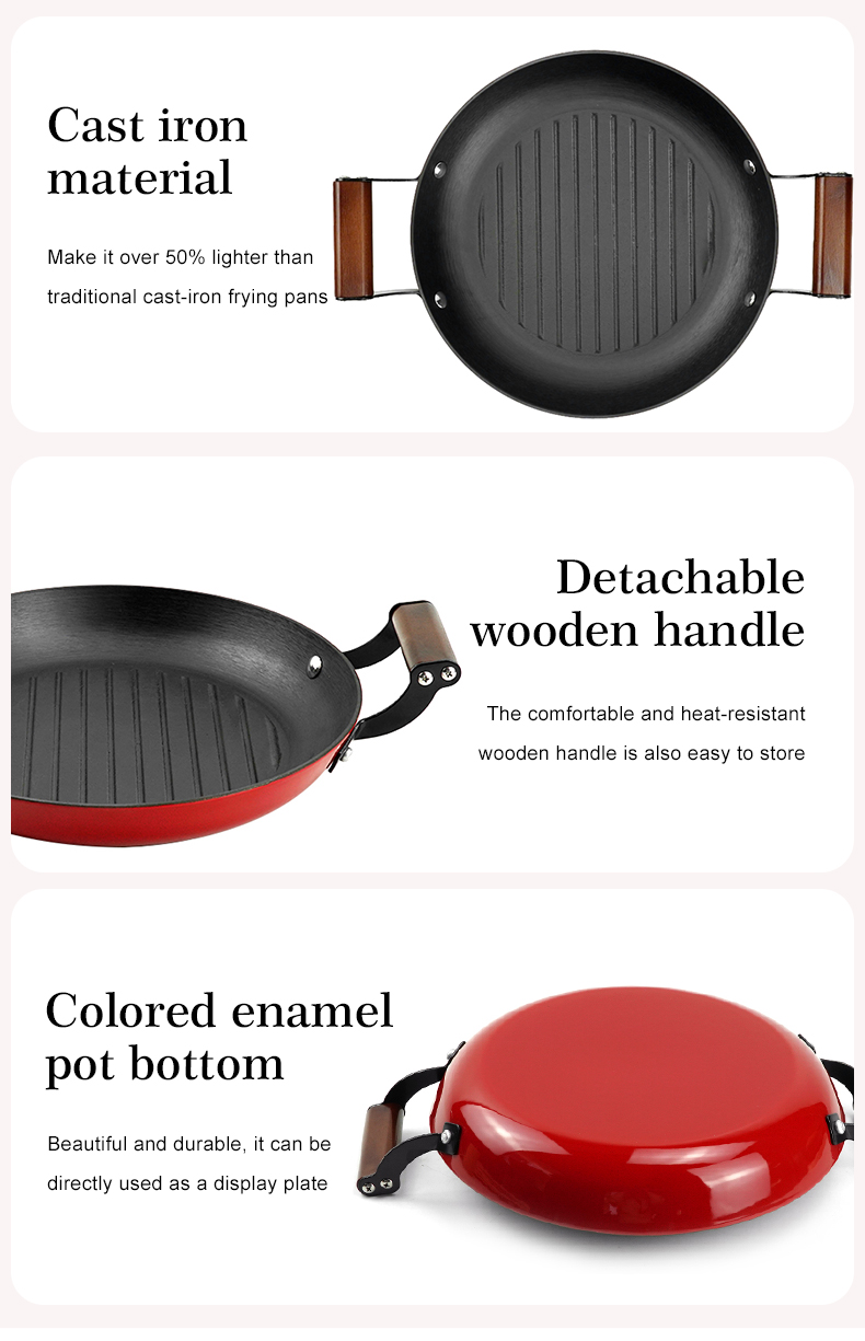 Colored enamel cast iron double-handle frying pan