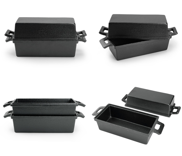 A cast iron rectangular bread pan