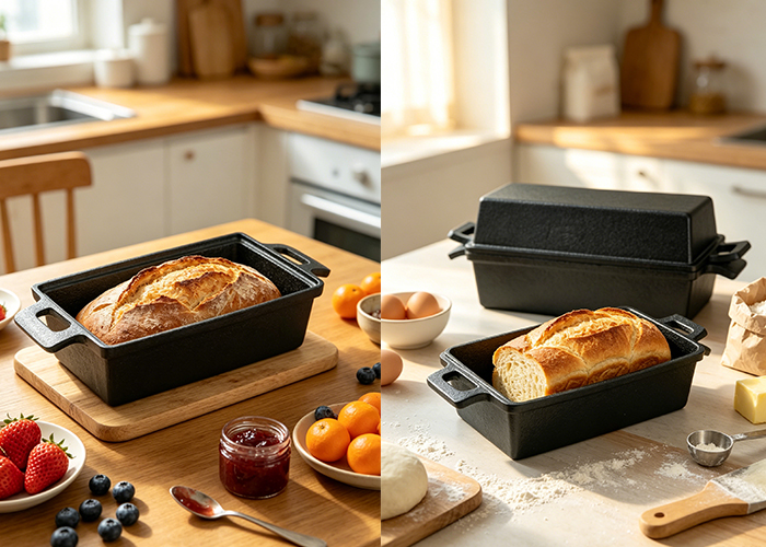 A cast iron rectangular bread pan